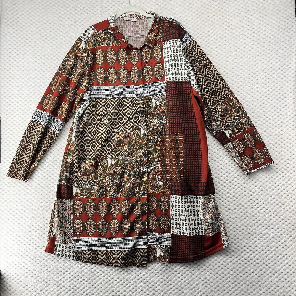 Tavin Patchwork Print Button Down Long Sleeve Shirt Dress Lightweight  US‎ 14